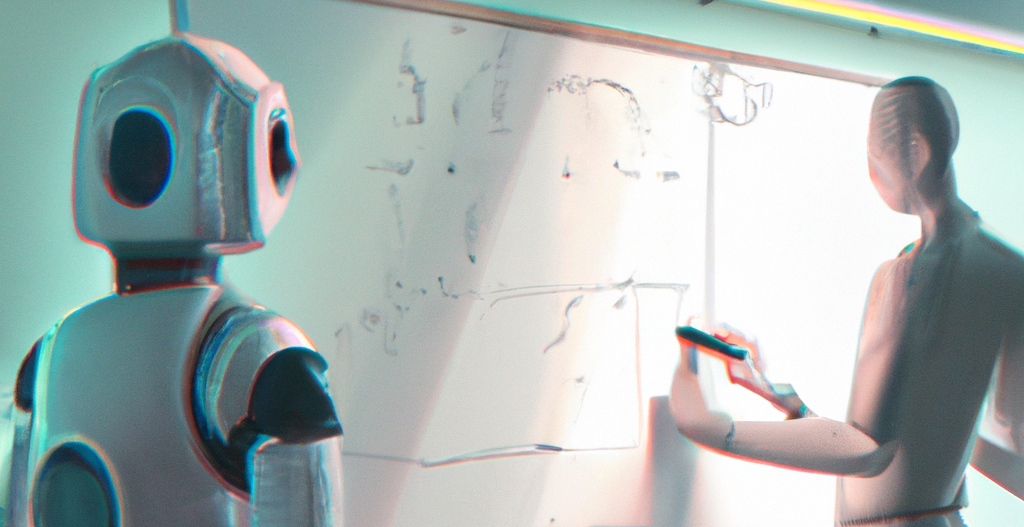 illustration of a woman collaborating with an android infront of a whiteboard, photo realistic, for the web, 4k, high resolution,